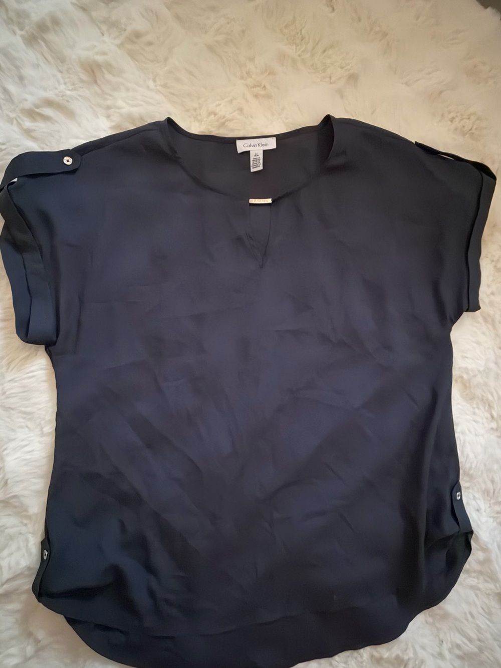Calvin Klein Dark Navy Short-Sleeve Blouse with Button Tabs